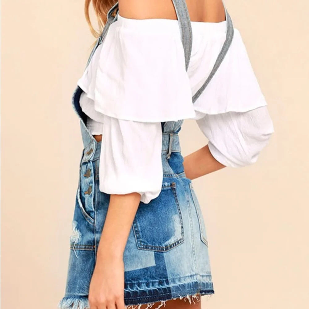 Free People Patchwork Blues Blue Denim Pinafore Overall Jean boho mini Dress - Picture 8 of 13
